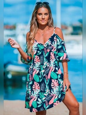 Popvil- Tropical Flared Sleeve Cutout Mini Dress- Size S - NWT